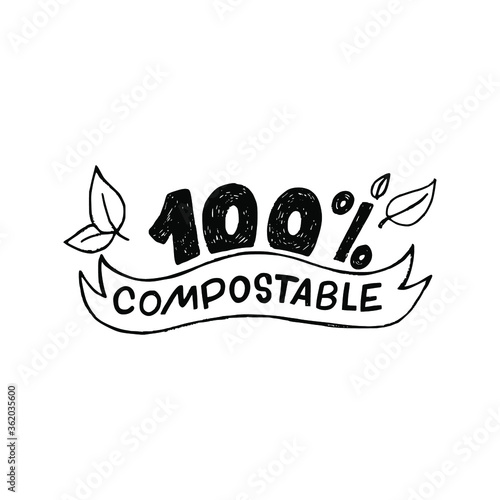 100 % Compostable hand drawn lettering inscription decorated with sketchy leaves. Perfect sign with information for bio, natural and organic products, materials and package. Label for eco shop, store