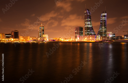 MANAMA , BAHRAIN - OCTOBER 28: Bahrain Financial Harbour and skyline during dusk on October 28, 2018. It is one of tallest twin towers in Manama, Bahrain.