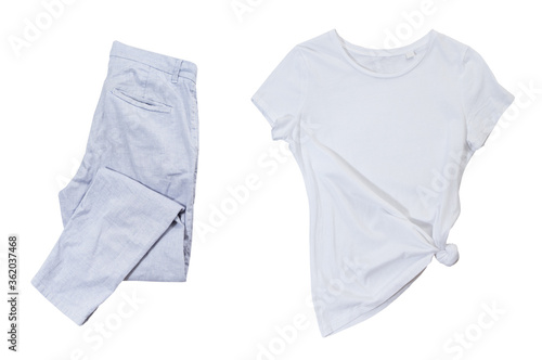 white t-shirt and folded pants isolated on white background top view, tshirt and pants