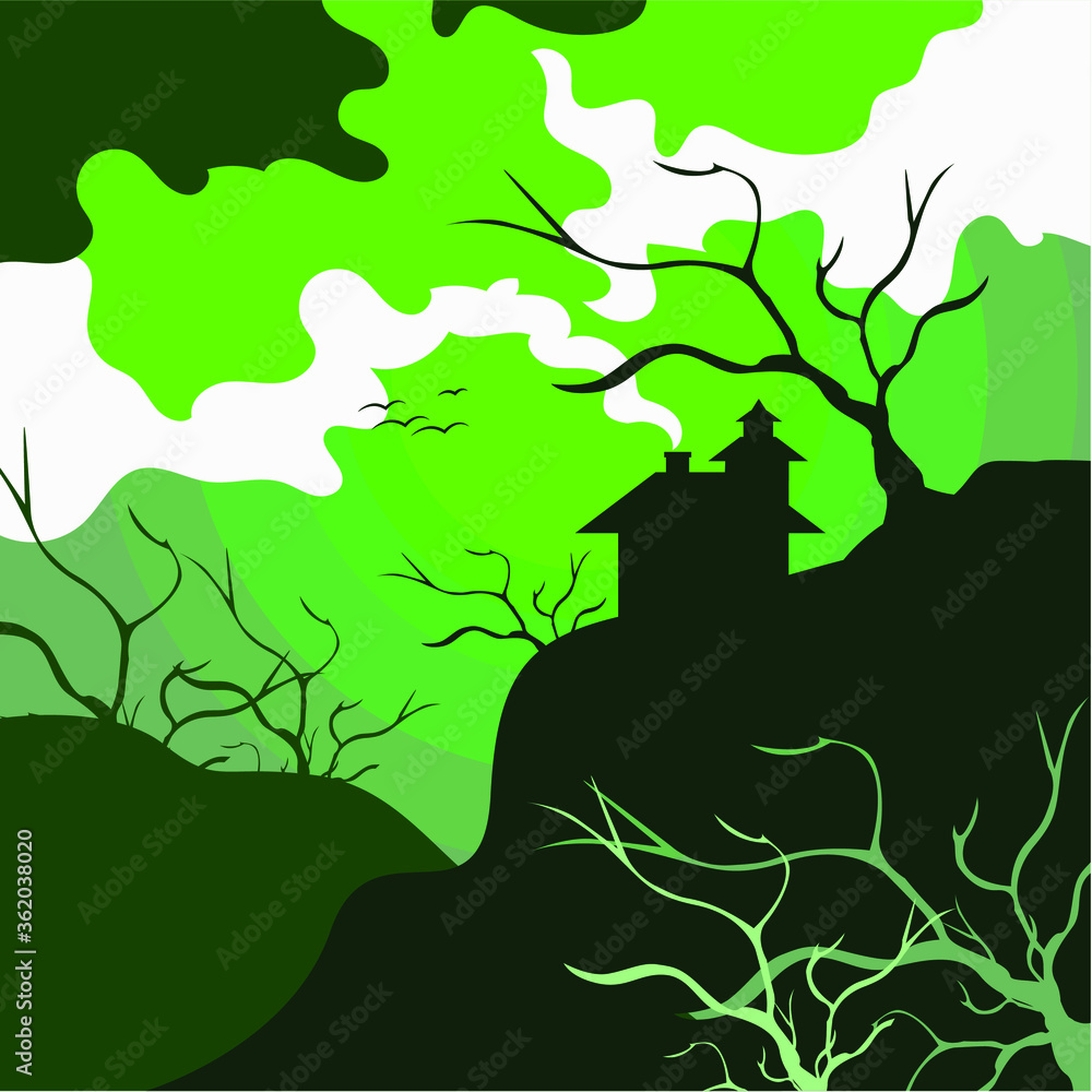 landscape illustration green tone , nature, house, vector