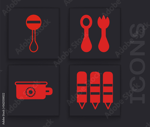 Set Wax crayons for drawing, Rattle baby toy, Baby cutlery with fork and spoon and Baby potty icon. Vector