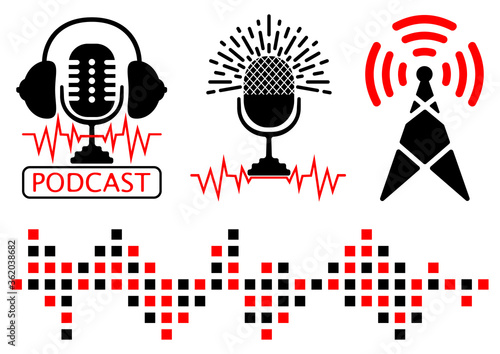 Podcast radio icon illustration sets. Broadcast tower, radio frequency and microphone with headphones. Podcast microphone, signs or logo templates. On the Air symbols. Vector