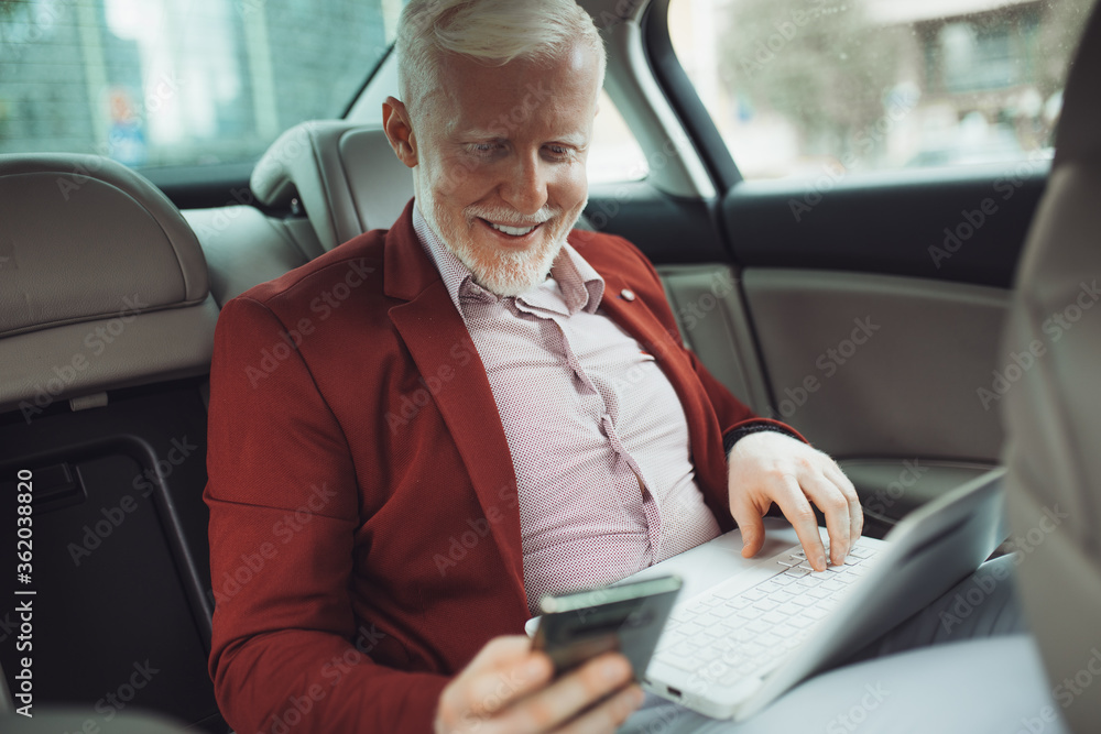 Mature businessman working on laptop inside a car. Senior businessman prepares for a meeting.