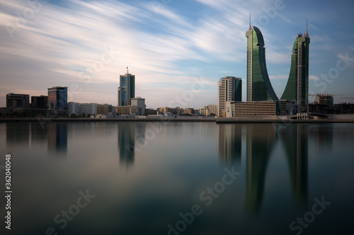 MANAMA , BAHRAIN - NOVEMBER 02: Bahrain Financial Harbour with dramatic clouds during morning hours on November 02, 2018. It is one of tallest twin towers in Manama, Bahrain.