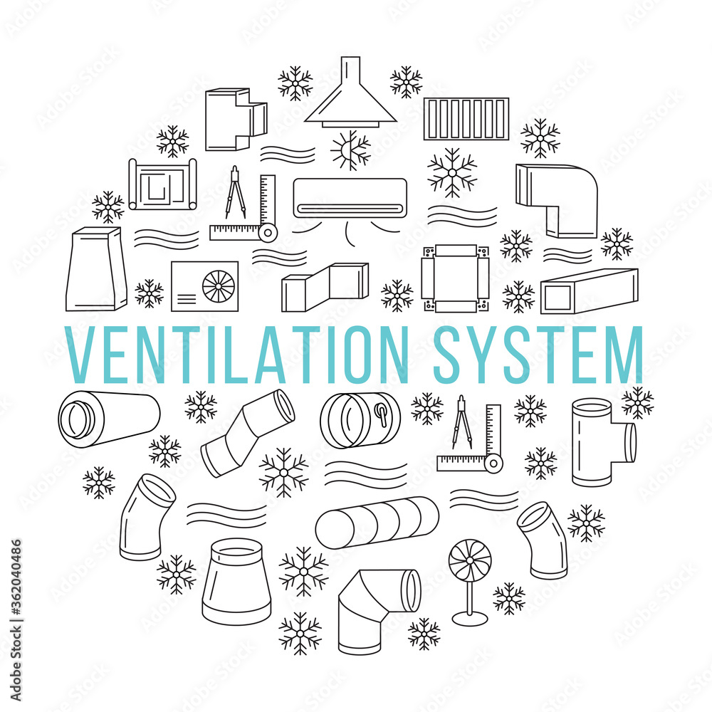 Naklejka premium Circle banner with line icons of ventilation system on a white background. Round and rectangular ducts and fittings. Template for building company or store. In the center you can write any text