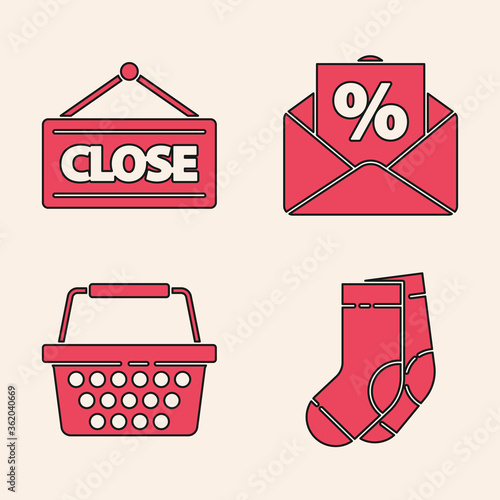 Set Socks, Hanging sign with Closed, Envelope with an interest discount and Shopping basket icon. Vector