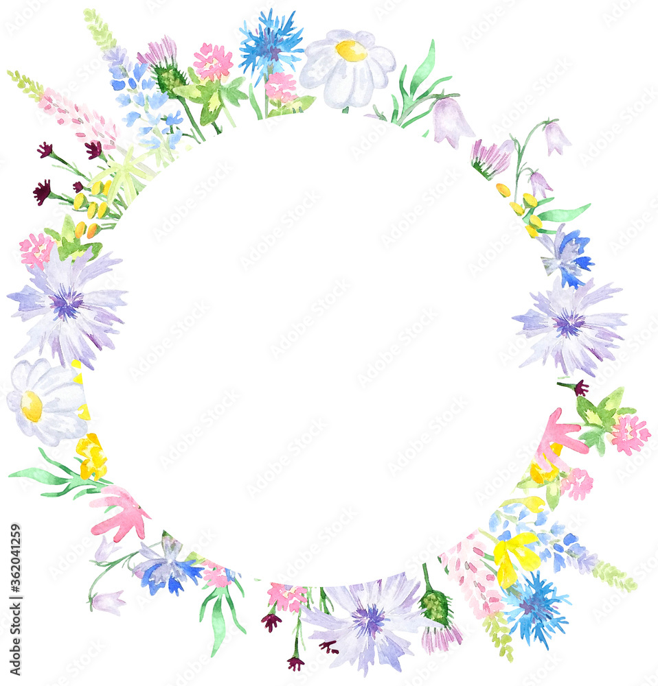 Watercolor wreath of wildflowers. Round frame. Ideal in print design, souvenir products, web design, photo albums and other works.