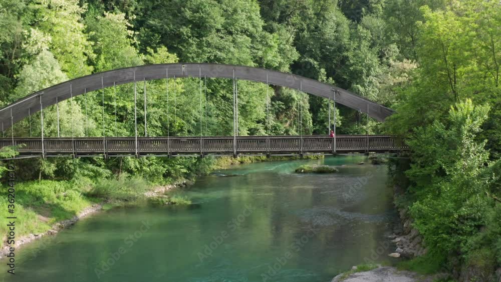 Aerial view of the Serio river and old bridge. Val Seriana, Bergamo. Aerial view of the Serio river and old bridge. Val Seriana, Bergamo.