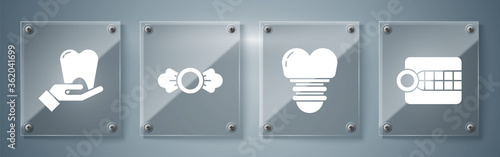 Set Dentures model, Dental implant, Candy and Tooth. Square glass panels. Vector