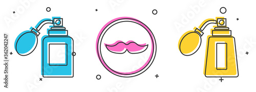 Set Aftershave bottle with atomizer, Mustache and Aftershave bottle with atomizer icon. Vector
