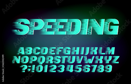 Speeding alphabet font. Wind effect letters and numbers. Stock vector typeface for your design in sport style.