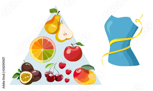 Weight loss color diet banner of fresh natural food. Fruit icons for healthy eating, dieting and vegetarian nutrition themes design.