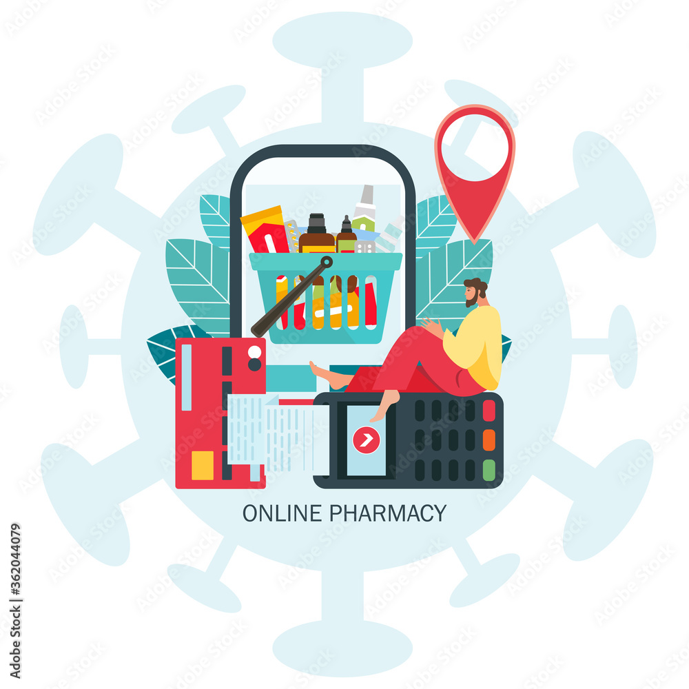 E -commerce Pharmacy vector concept medical treatment, online pill drugstore. Pharmacy delivery. Flat Cartoon Vector Illustration