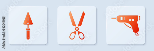 Set Scissors, Trowel and Electric hot glue gun. White square button. Vector