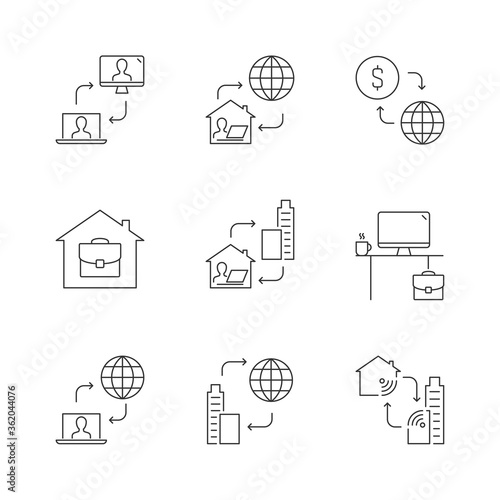 Home office linear icons on white background. Vector illustration included icons of freelance work from home. Editable stroke