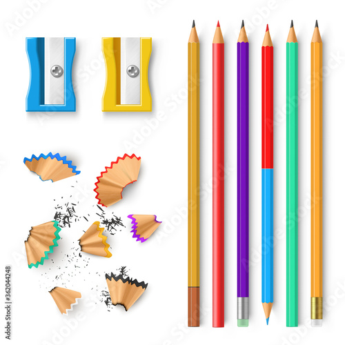 Sharpeners, pencils coloured, graphite, double-sided, with eraser and sharpening shavings realistic set.