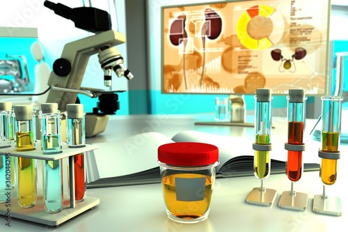 Urine sample test for coronavirus or bacteria - lab test tubes in chemical clinic, medical 3D illustration photo