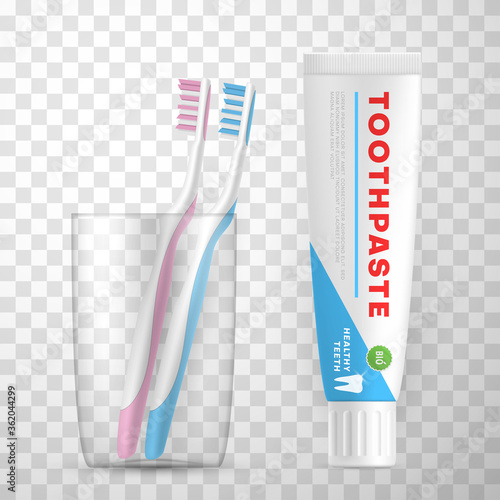 Toothpaste mockup and toothbrushes blue, pink are in glass cup. Personal, oral hygiene supplies, toiletries.