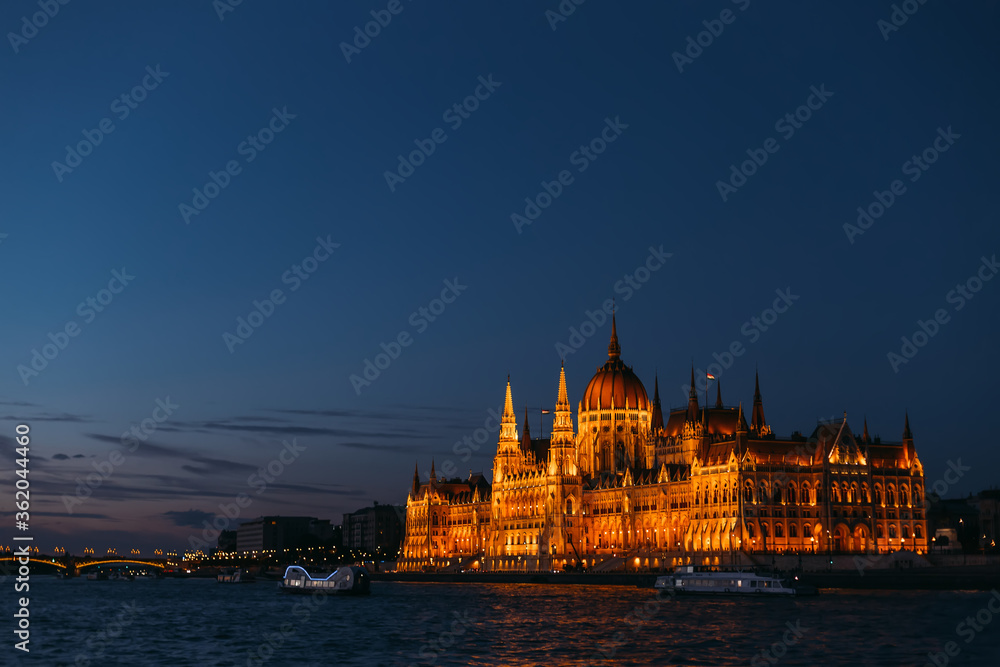 Fototapeta premium Parliament building on the bank of the river in Budapest. panora