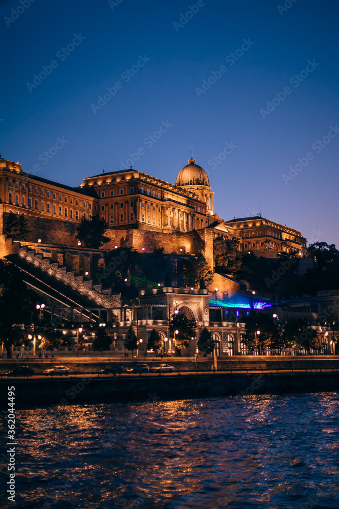 view from the boat to Buda Castle, beautiful architecture of the