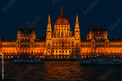 ships on the river in front of the parliament at night Budapest,