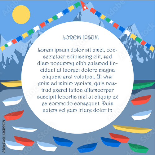 Vector banner with Pokhara  Phewa Lake.  Annapurna in Himalayas, Nepal outdoor adventure illustration. Can be used as template for web banner.