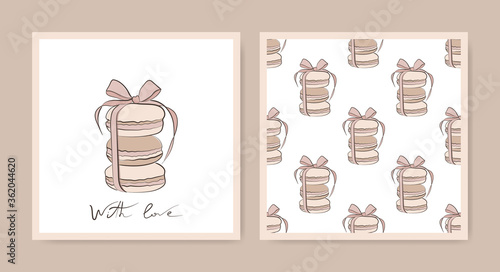 Sketch macarooni cookies set. Seamless pattern of sweet baking colorful macarunas on white background. Tasty vector food.  Sweet dessert illustrations.