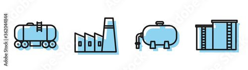 Set line Oil industrial factory building, Oil railway cistern, Oil industrial factory building and Oil industrial factory building icon. Vector