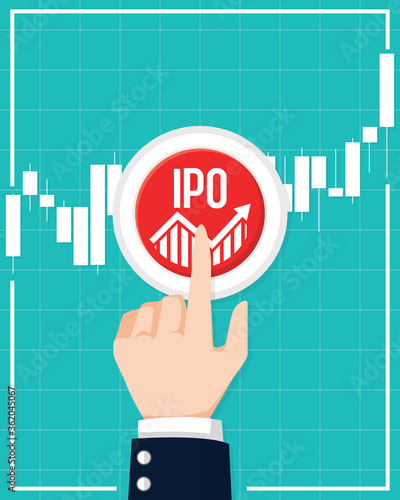 IPO or Initial Public Offering corporate stock market, company growth concept. Design by financial charts elements and business man push the button. Vector illustration of startup investment