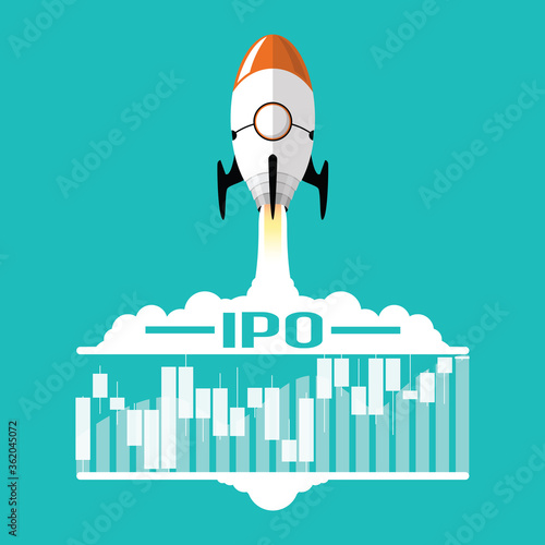 IPO or Initial Public Offering corporate stock market, company growth concept. Design by financial charts elements and rocket flying. Vector illustration of startup investment and strategy style
