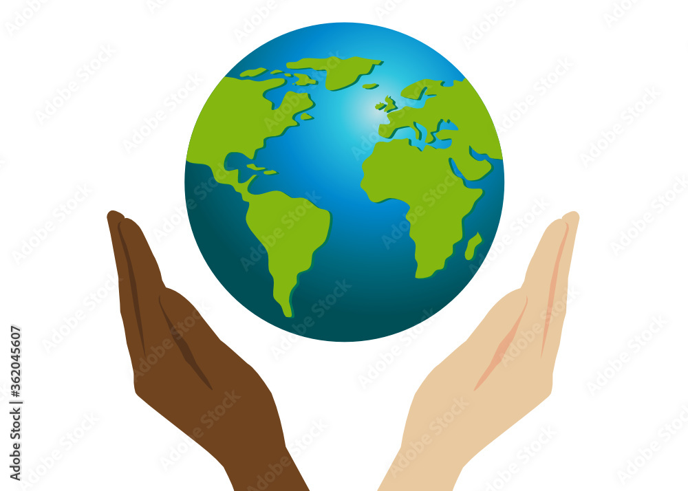 There’re two different color hands holding a world global warmly. The globe is fresh green and blue. Concept about earth, world, environmental, people, planet and etc. All lives matter.