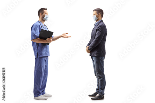 Medical worker with a mask and a man having a conversation