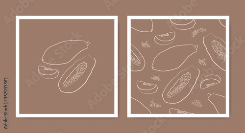 Papaya line icons set with seeds. Tropical seamless pattern with hand-drawn flat fruit icons in pastel colors on brown background. Nature exotic fruit wallpaper texture. Food wrapping illustration.
