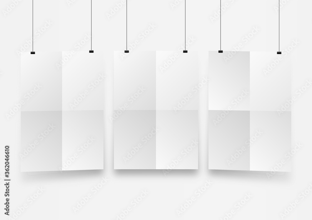 3 poster mockup on white background, paper fold, suspended hanging A3 size 3 poster mockup on white background, paper fold, suspended hanging A3 size