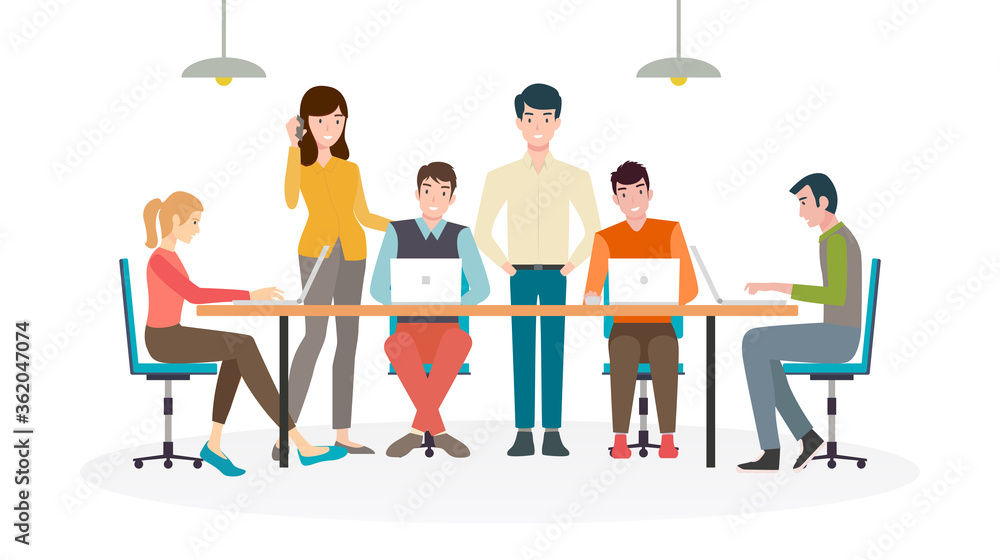 Group of men and women working at desk in office with laptop in flat icon design