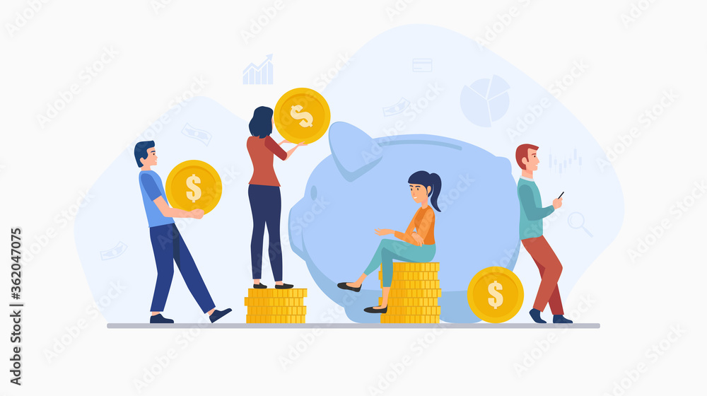 flat icon design concept of people saving money by putting coin in large piggy bank isolated on white color background flat icon design concept of people saving money by putting coin in large piggy bank isolated on white color background