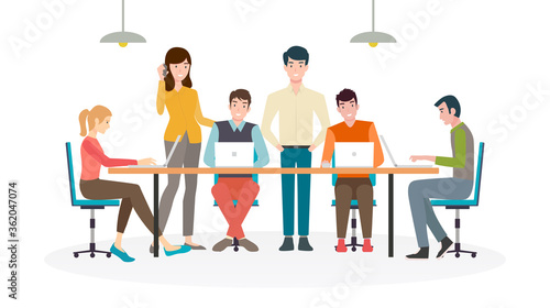 Group of men and women working at desk in office with laptop in flat icon design