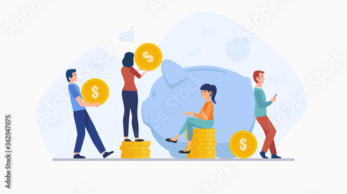 Fototapeta Naklejka Na Ścianę i Meble -  flat icon design concept of people saving money by putting coin in large piggy bank isolated on white color background