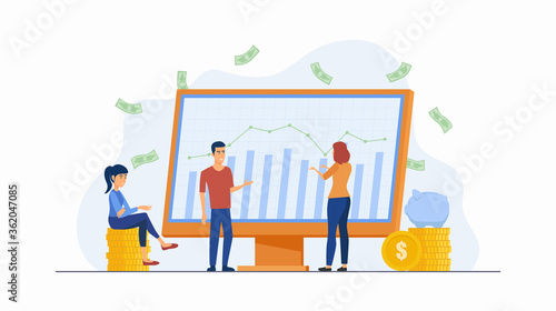Flat icon design concept of people investing in stock market with chart monitor isolated on white color background