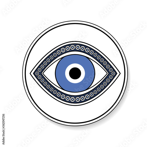 Blue eye symbol vector, evil eye protection round button, third eye culture icon