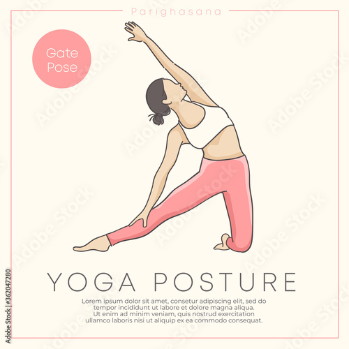 Banner design with hand drawn illustration of healthy young woman practicing yoga in pastel outfit : Vector Illustration