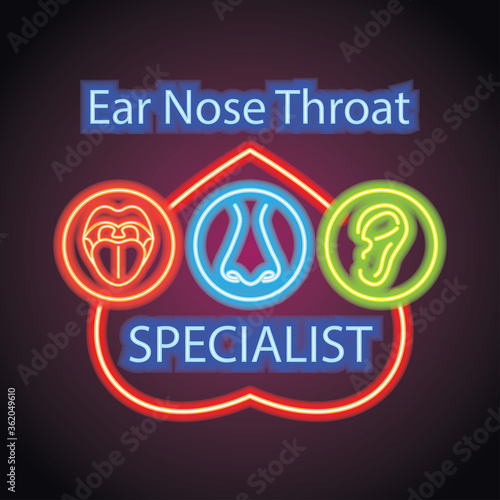 ear nose throat (ENT) neon sign plank for Otolaryngologists clinic concept. vector illustration