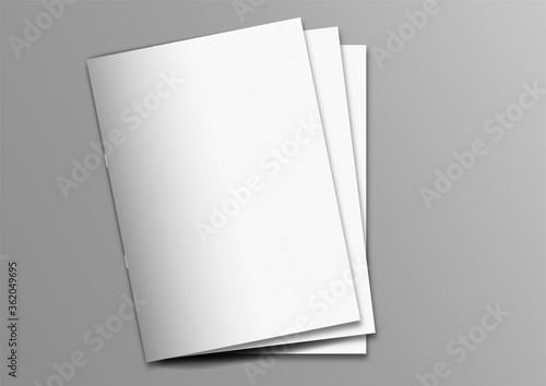 A4 Multiple brochure magazine stacked white cover mockup on grey background, pinned book, flat lay, add your design