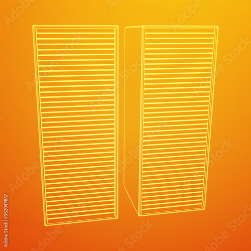 Data center storage room object. Hardware equipment telecommunication server. Computer database tower. Internet industry cluster. Wireframe low poly mesh 3d render illustration