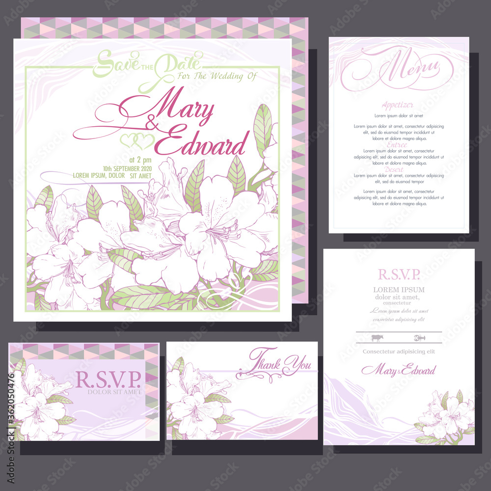 Wedding invitation cards with bouquet white flowers. RSVP card, menu design.
