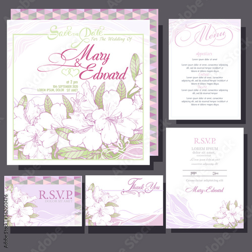 Wedding invitation cards with bouquet white flowers. RSVP card  menu design.