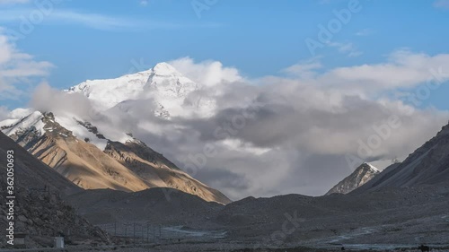 4K-10BIT-YUV422 timelapse of colorful sunset and clouds over summit of Mount Everest (seen from the Chinese side), iconic mountain peak in Himalayan ranges,Tibet, China