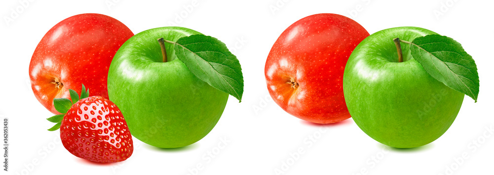 Red and green apple plus strawberry set isolated on white background. Package design element with clipping path Red and green apple plus strawberry set isolated on white background. Package design element with clipping path