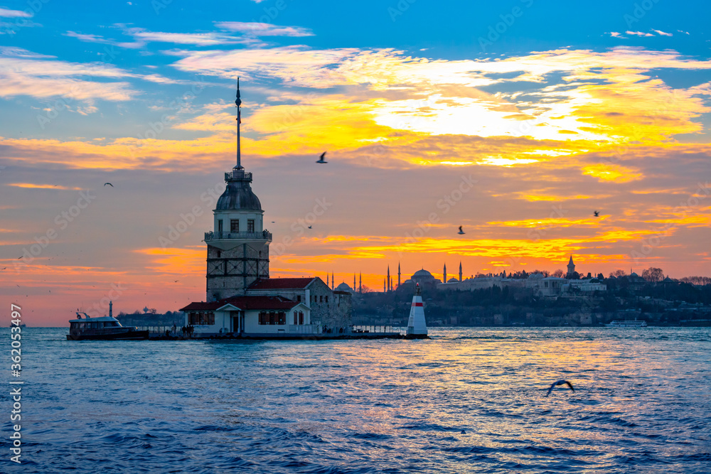 Maiden's Tower at sunset in Istanbul