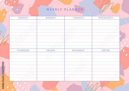 Weekly planner. School timetable. Abstract design in collage style